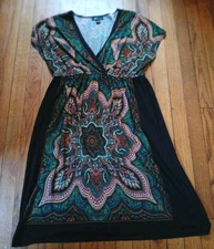 AB Studio - Women's Sleeveless Stretch Black w/Colorful Designs Large Dress