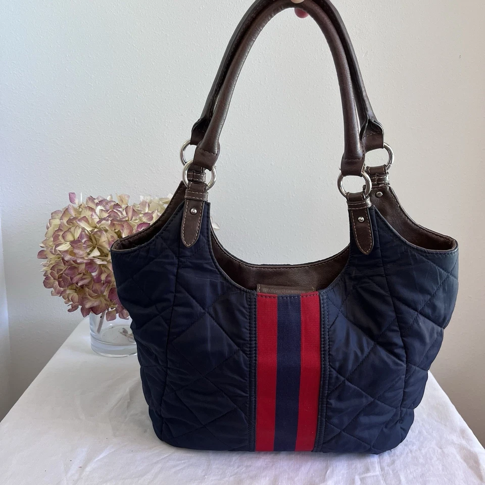 Heritage Bass Quilted Fabric Navy And Red Purse Nautical Vintage Hobo - Image 4 of 4