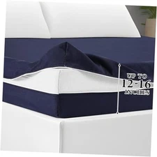 Zippered Mattress Fitted Protector Deep Mattress Queen,12-16in Navy Blue