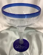 Mexican Hand-Blown Cobalt Blue Rim/Base Margarita Glass - SIGNED