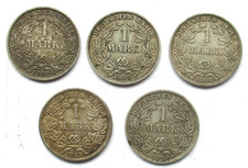 Deutsches Kaiserreich Lot 5 x  1 Mark 1900-1915  großer Adler  Jaeger 17