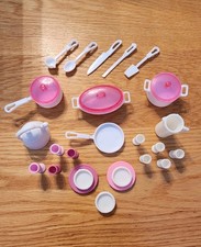 Barbie Dream House Kitchen Dishes Pink White Mixed Lot Cup Plates Pots Utensils