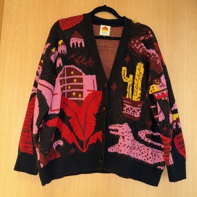 FARM RIO Cardigan Sweater Tropical Magic Mixed Print Sz S Oversized