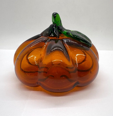 Hand Blown Art Glass Pumpkin with Stem Orange Autumn Fall Home Decor 4.75'' x 3.5