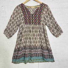 Umgee Boho Chic Paisley Peasant Printed Tribal Baby Doll Mini Dress Small Boho