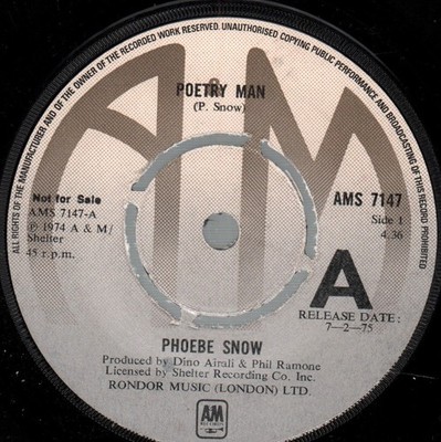 Phoebe Snow Poetry Man 7'' vinyl UK A&m 1975 Promo b/w either or both AMS7147