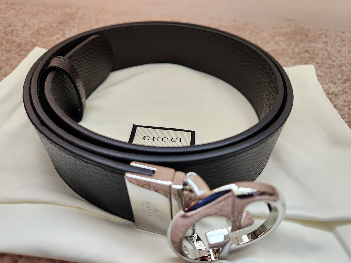 Original! GUCCI Men's GG Logo Leather Belt Black Reversible Size