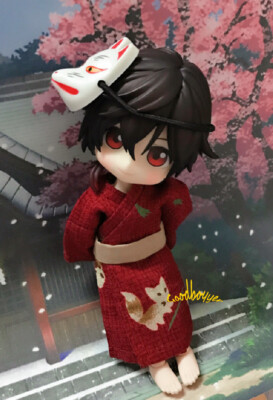 OB11 1/8 Blythe 1/6 1/4 1/3 BJD Clothes Outfit Fox Kimono Robe + Waistband Red