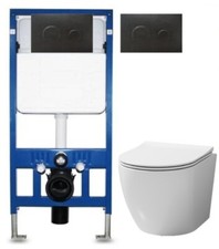 Anas Matt Black Plate Wc Frame Rimless Wall Hung Toilet Pan Soft Close Seat Roun