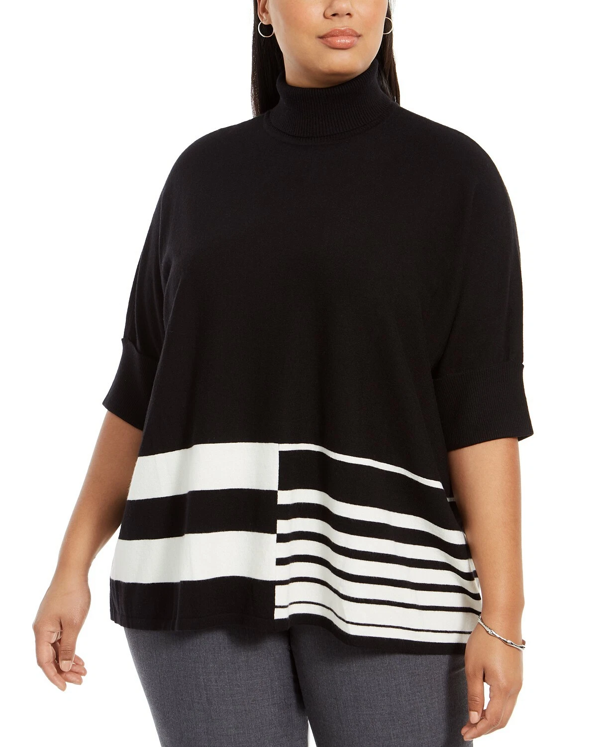 90!! Alfani Women's Black/White Turtleneck Colorblock Poncho Plus Sizes 0X/1X/3X