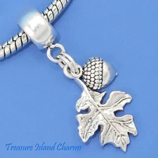 Acorn And Oak Leaf 925 Solid Sterling Silver European Dangle Bead Charm Euro