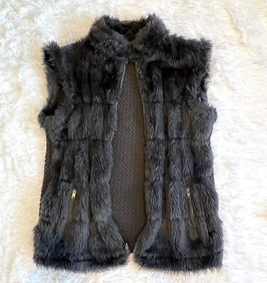 Bagatelle Reversible Black Faux Fur/Stretch Knit Quilted Zip Up Vest  Sz L READ