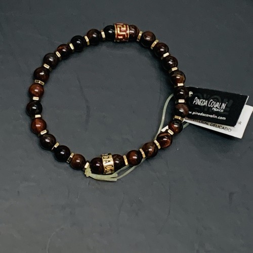 Pineda Covalin Mexican Tigers Eye bead Bracelet Gold-tone 925 Silver Stretch NWT - Picture 9 of 16