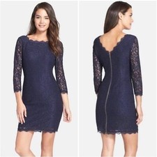 Adrianna Papell Dress Size 8 Midnight Lace Navy Blue Sheath Scalloped Hem Party