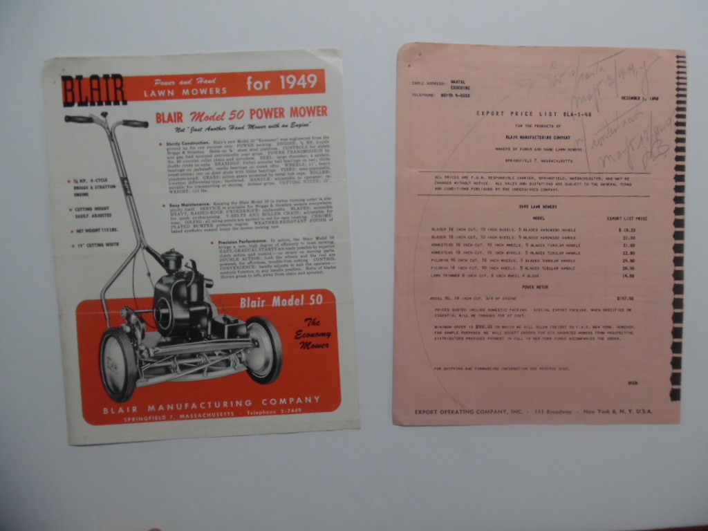 1949 Blair Lawnmower Lawn Mower Catalog Sheet Springfield MA Vintage