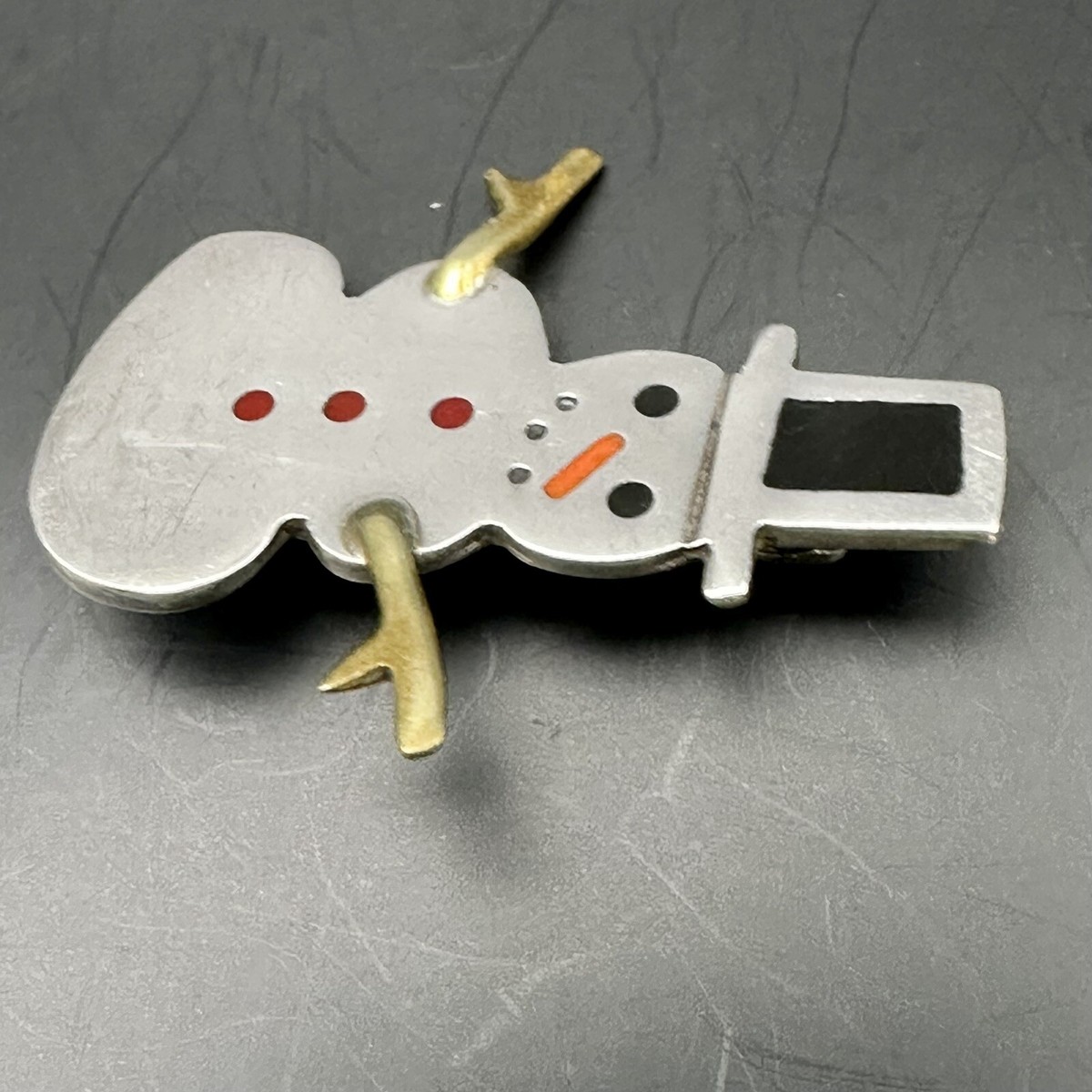 Snowman Brooch Enamel  & Brass Details Pin Signed AHD Mexico Sterling Silver View 2