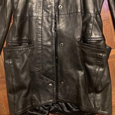 CLAUDE MONTANA pour ideal cuir Black Leather Coat Jacket Size 38