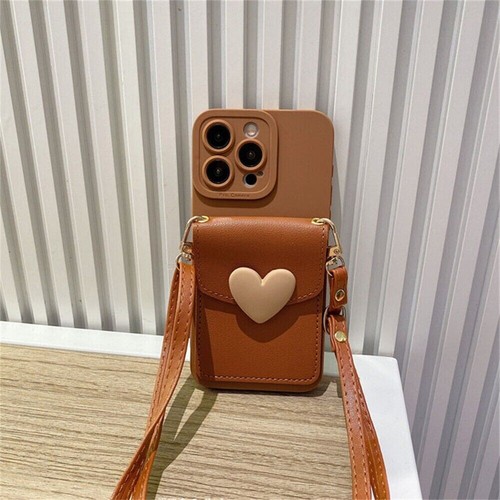 For iPhone Samsung Case Crossbody Cute Love Heart Wallet Bag Phone Cover +Strap - Picture 1 of 11