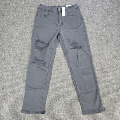 American Eagle Mom Jeans Womens 10 30W Gray High Rise Ripped Stretch NWT