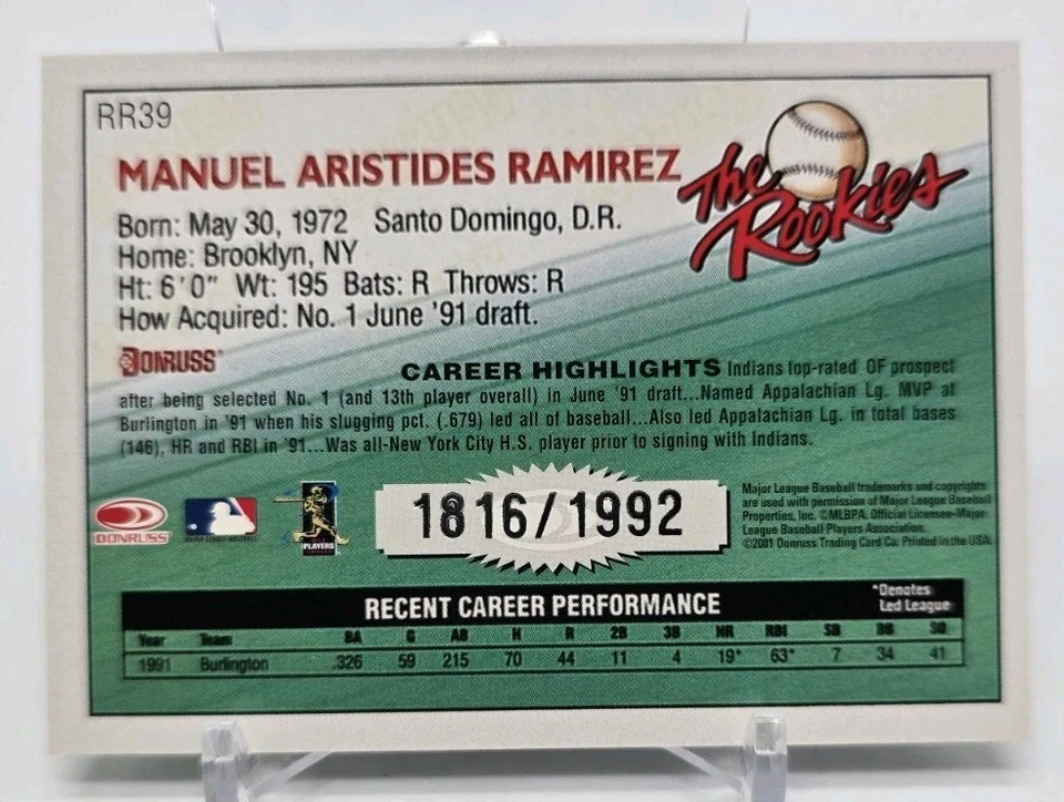 2001 Donruss 20th Anniversary MANNY RAMIREZ The Rookies Reprint /1992 Cleveland - Image 4 of 4