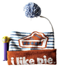 I Like Pie Hat Pom Pom Beanie Brown White Blue Unisex OS
