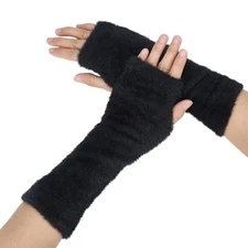 1 Pair Furry Fingerless Gloves Faux Fur Arm Warmers Sleeve with Thumb Black