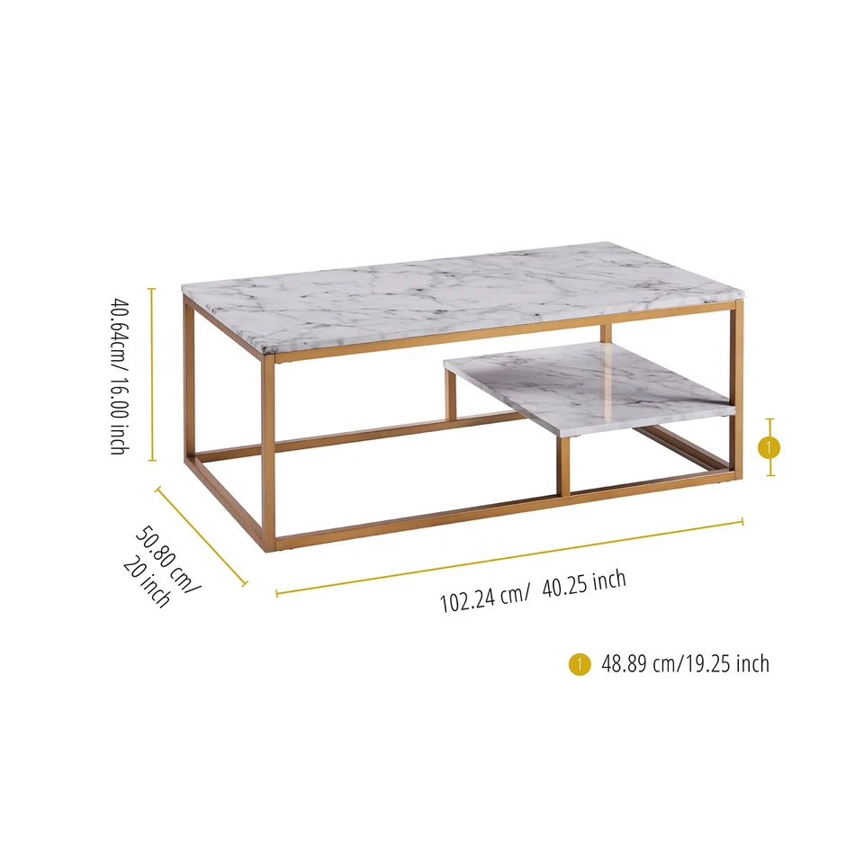 Teamson Home Marmo Modern Marble-Look Coffee Table with Shelf, Marble/Brass - Image 2 of 4
