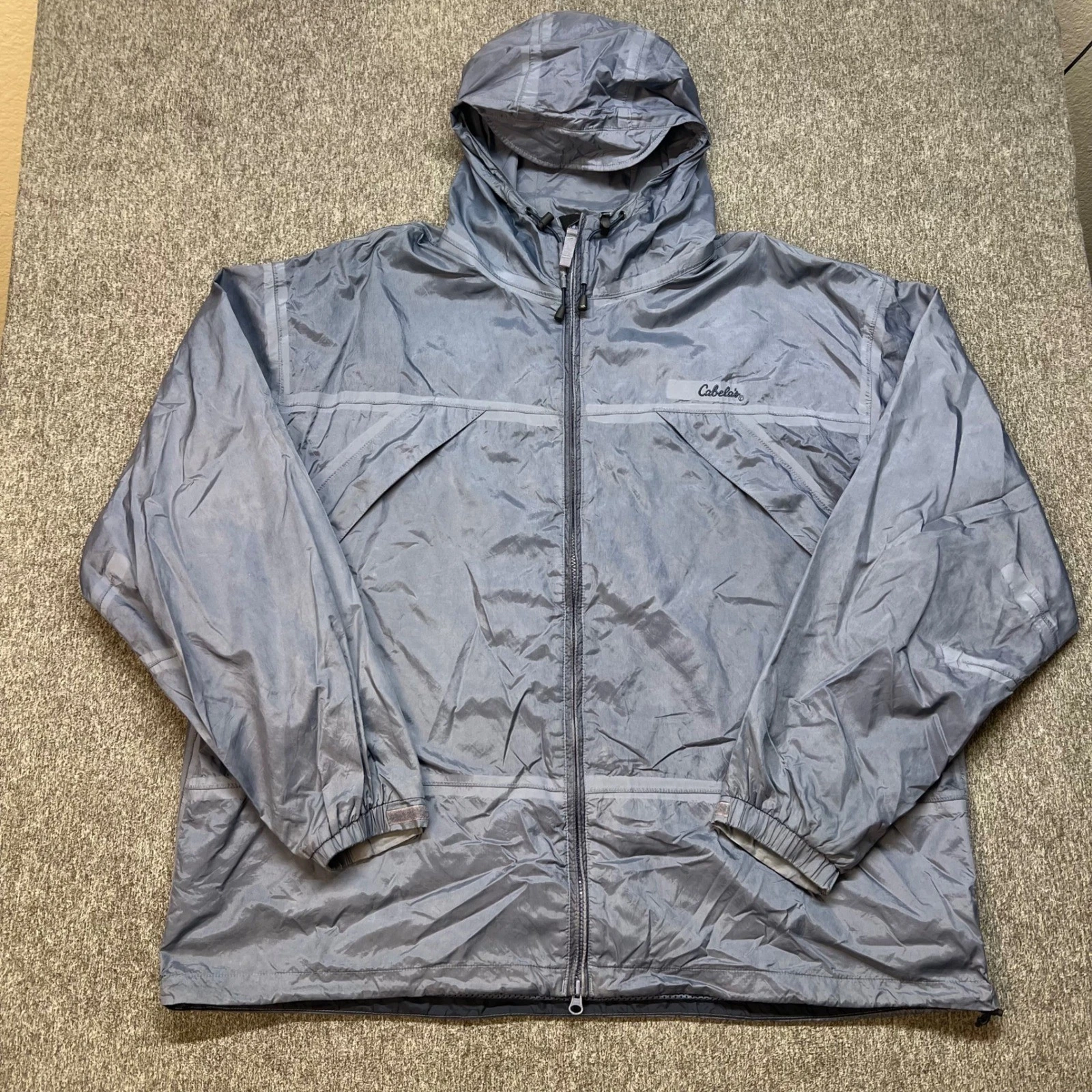 Cabelas Packable Windbreaker Jacket Mens XL Blue Gray Mesh Lined Hooded 92-3085