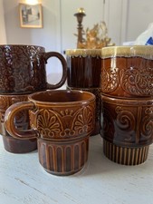 Vintage Brown Stackable Stoneware Mugs Set of 7 Made in Japan Embossed Coffee Cu