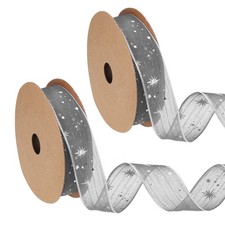 2 Roll Organza Star Ribbon Wired 1 Inch Wide 20 Yards Grey