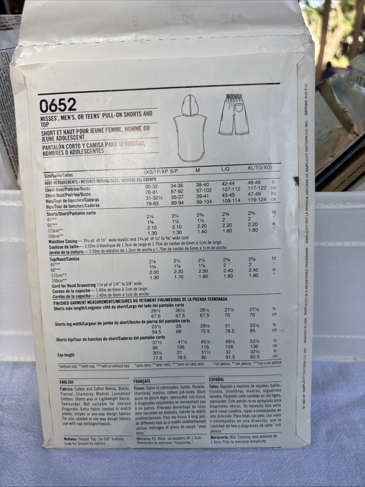 0652 Simplicity 90s Pull On Shorts Hooded Tank Top Pattern, Uncut, Teen/Adult - Image 2 of 3