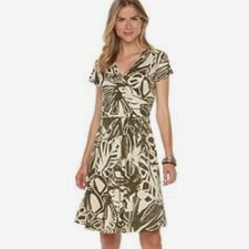 Chaps 100% cotton olive green & ivory tropical print faux wrap dress size large