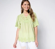 LOGO by Lori Goldstein Women's Top Sz L 100% Cotton V-Neck Eyelet Green A692521
