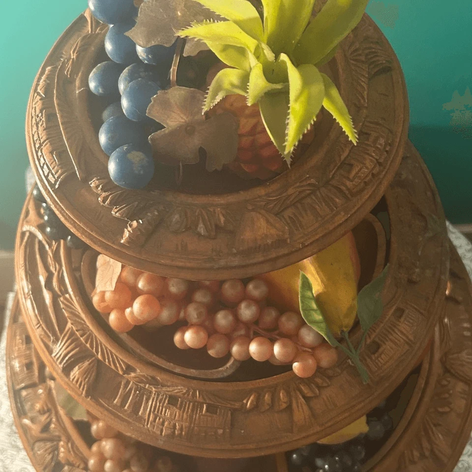 Vintage MCM Handcarved Wood 3 Tiered Lazy Susan Faux Fruit 60s Monkeypod - Image 3 of 4