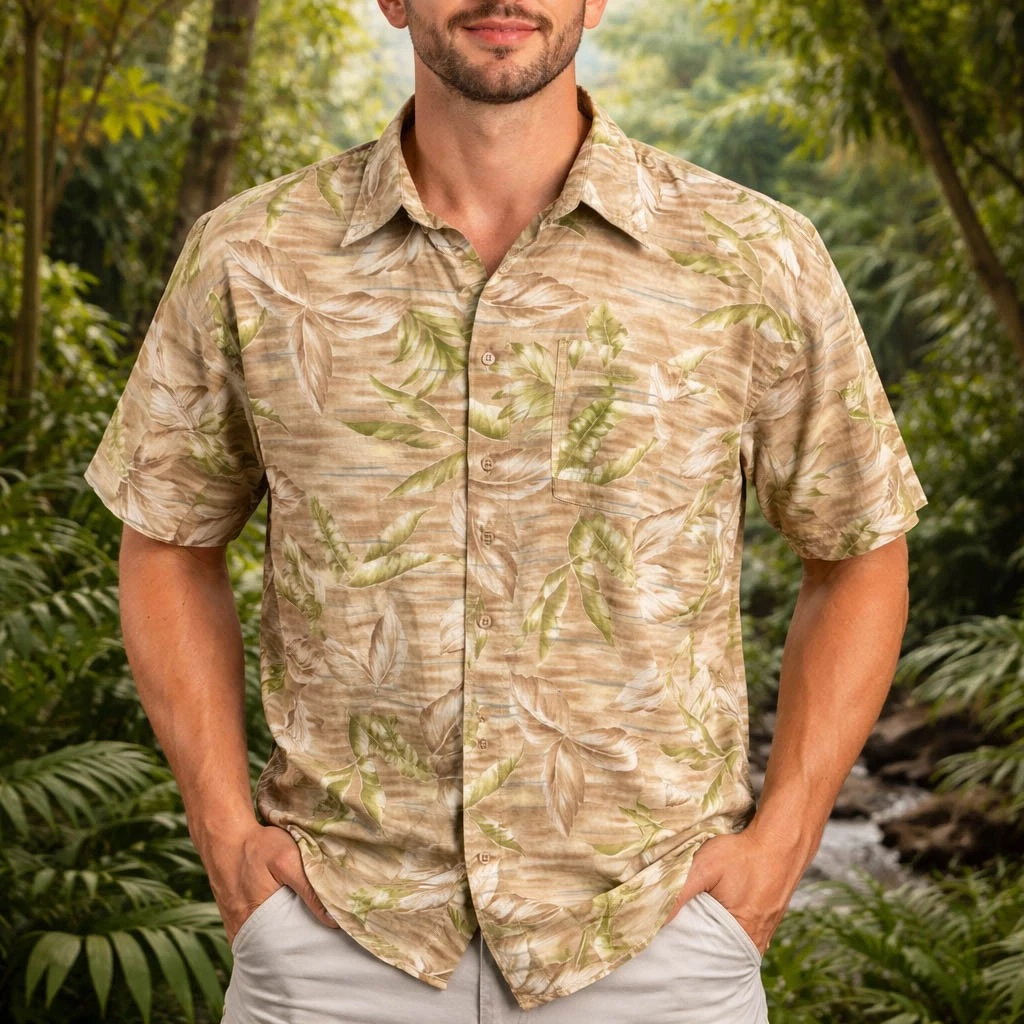Chaps Hawaiian Aloha Shirt XL Tropical Leaves Pale Brown