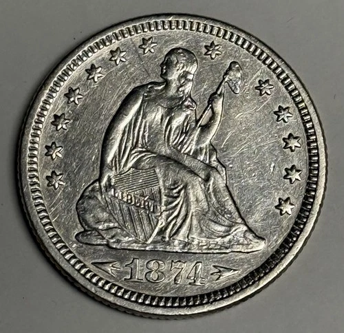 VF 1874-P Seated Liberty Quarter (Cleaned) w/ Arrows, U.S. Silver Coin Very Fine