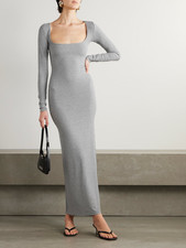 SKIMS 90 Solid Gray Ribbed Stretch Long Sleeve Casual Maxi Dress Size XL