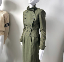 Vintage 1940s Olive Green Wool 2 Pc Skirt Suit / Tailored Jacket/ sx XXS XS