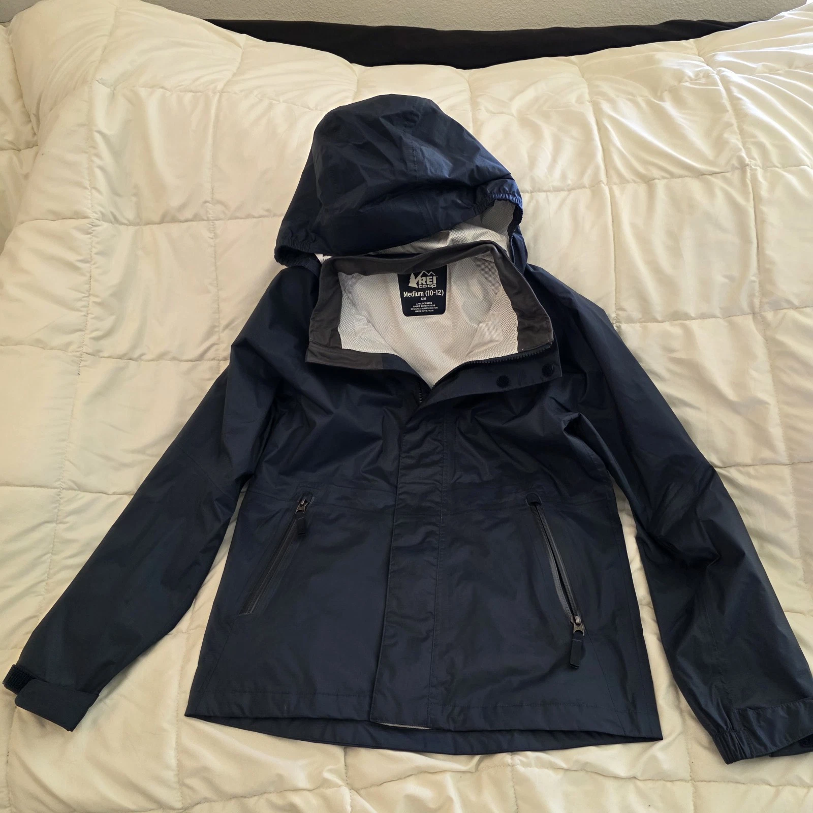 REI Co-op Jacket Kids Medium (10-12) Blue Hooded Rain Shell Nylon Zip Pockets