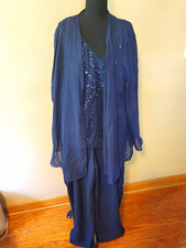 Formal Dress 3pc Navy Blue Chiffon Beaded Sequin Sheer Jacket Wide-Leg Pants 22w