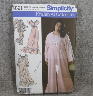 Simplicity 4891 Womens Womens Petite Nightgown Pajamas Robe 18-24 Plus Uncut