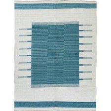 9'5"x11'9" Hand Woven Aquamarine Stripe Design Flat Weave Kilim Wool Rug R60058