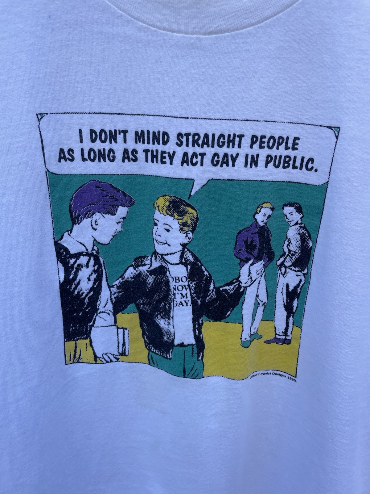 Vintage 1990s Don’t Panic LGBTQ Gay T-Shirt Made In USA L Rare Pride Comic Art