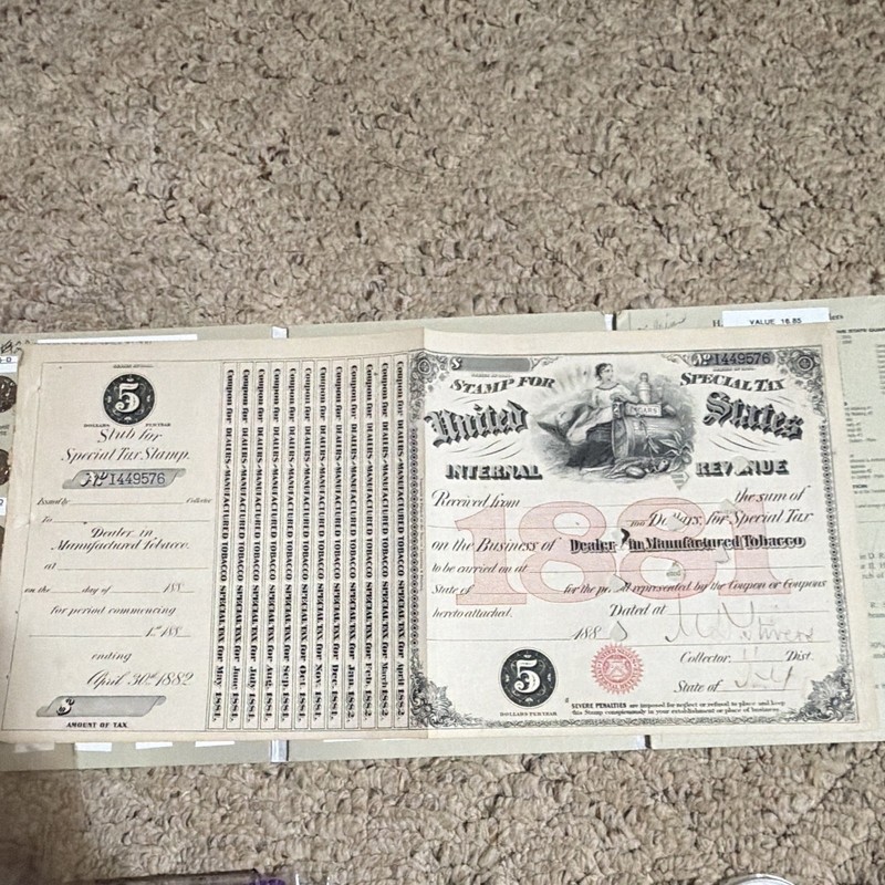 U.S. Internal Revenue $5 Special Tax Stamp Manufactured Tobacco 1881