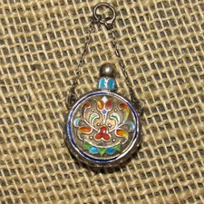 Vintage Sterling Silver Miniature Cloisonne Enamel Perfume Bottle & Chain ~  EUC