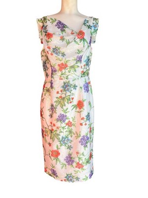 Black Halo White Floral Sheath Dress Ruffle Sleeve Cowl Neck Knee Length 10