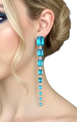 5.5'' Long Turquoise Pool Blue Crystals Statement Evening Linear Earring Pageant