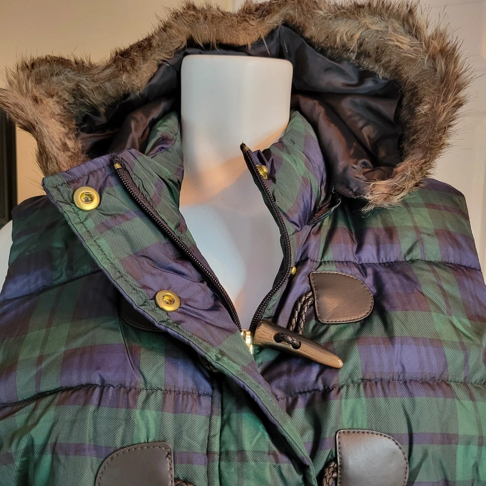 Chaleco acolchado Charter Club tartán a cuadros verde marino capucha extraíble talla XL Foto 3 de 4