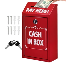Safe Money Collection Box Metal Donation with Lock, Drop & Slot Red Key Cash Box