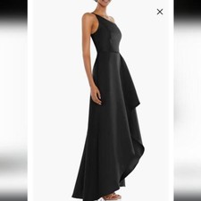 Alfred Sung Black One Shoulder Satin Gown with Pockets Size 6